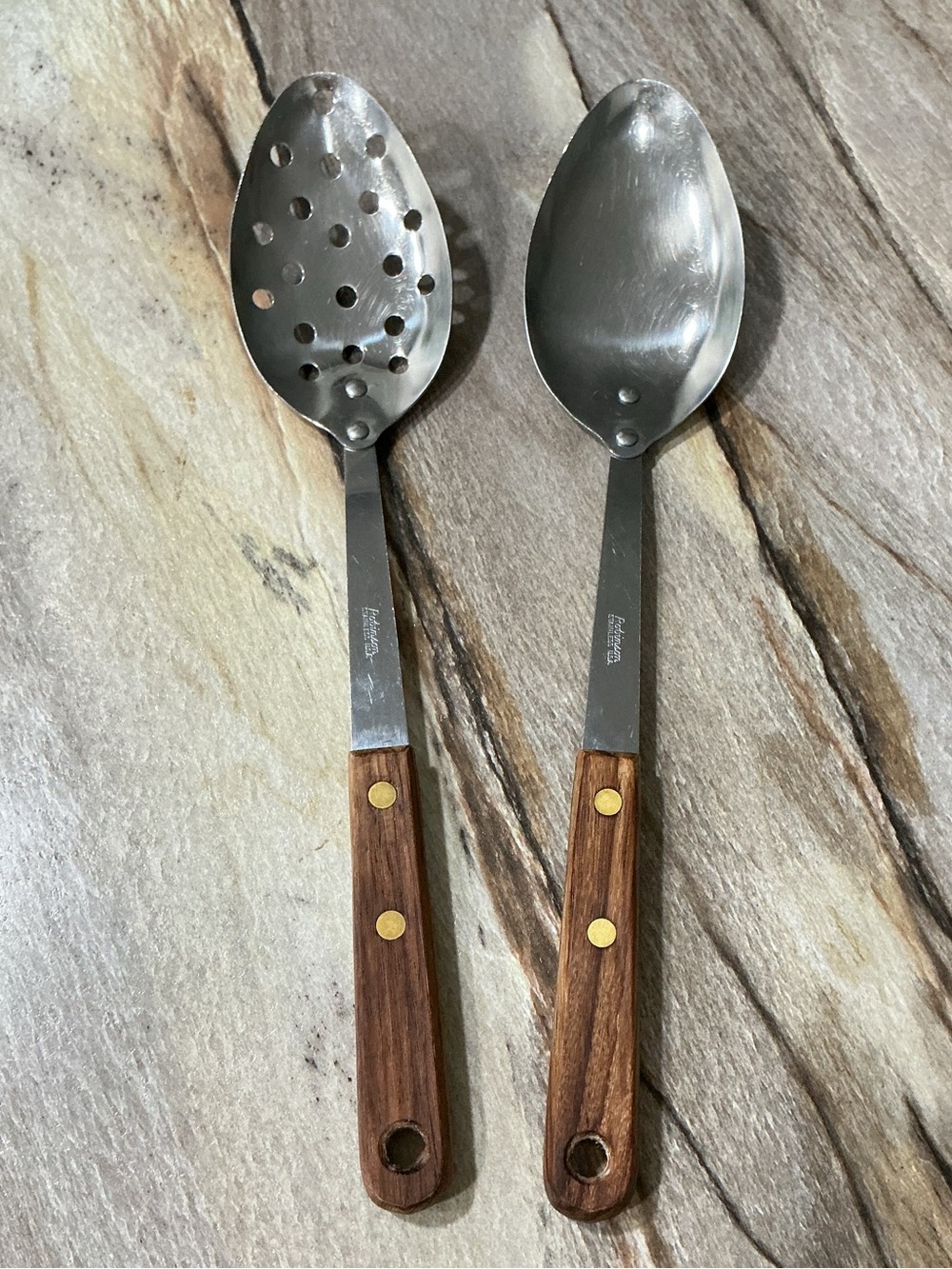 Vintage Robinson Knife Co Serving Spoons Set Stainless Wood Handles USA 12”